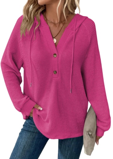 temofon hoodies for women long sleeve waffle pullover sweatshirts fall loose fit v neck sweatshirt comfort knit pink fashion tops l