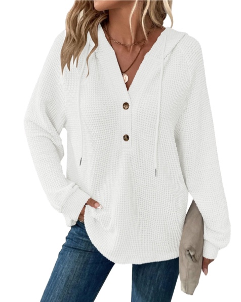 temofon hoodies for women long sleeve waffle pullover sweatshirts casual v neck comfy hoody fall ladies trendy white button tops l