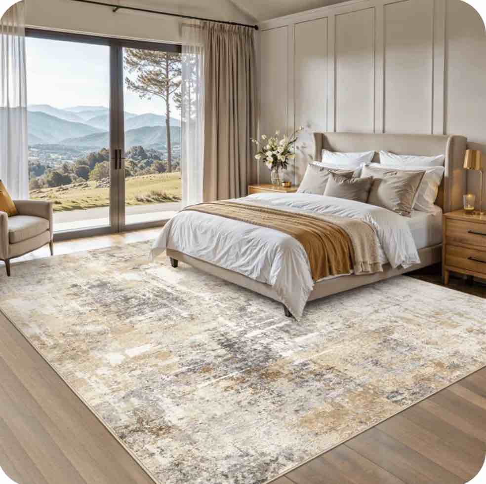 UERMEI 8'x10' Washable Area Rugs for Living Room, Modern Abstract Printed Carpet, Non Slip Indoor Rug for Bedroom Home Decor Carpets, Grey Gold