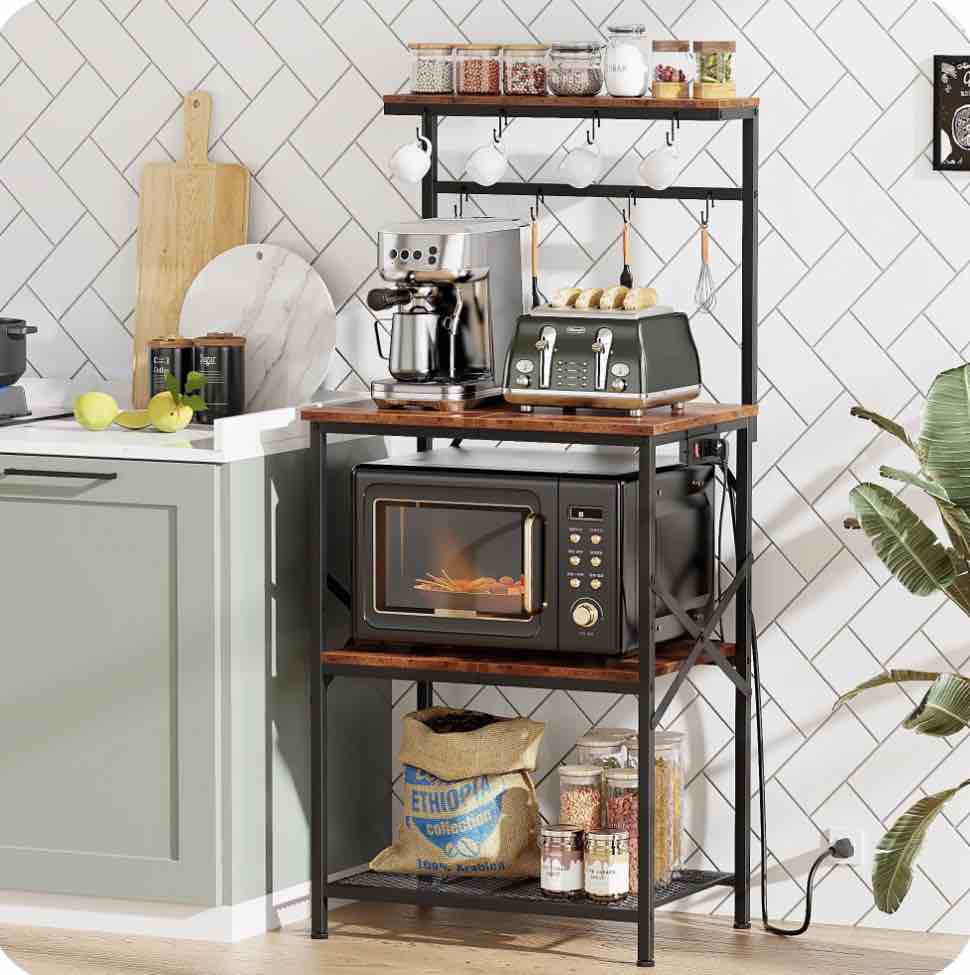 TYDIMOR Kitchen Bakers Rack with Outlets, Coffee Bar Table 4 Tiers Microwave Stand, Brown