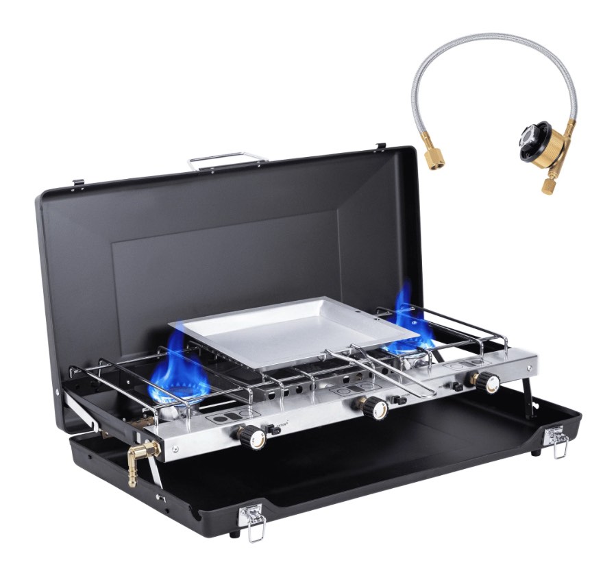 SaveJoy 3 Burner Propane Stove, Portable Camping Gas Stove for Cooking Barbeque Grill with Propane Hose Tank Adapter