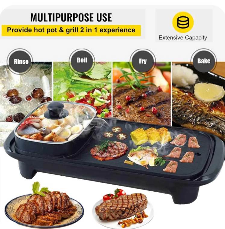 2 in 1 Electric Hot Pot and Grill, 1200W Non-Stick Smokeless Multifunctional Teppanyaki Grill Pot with 5 Temperature Control, Shabu Shabu for Indoor Korean BBQ, Black