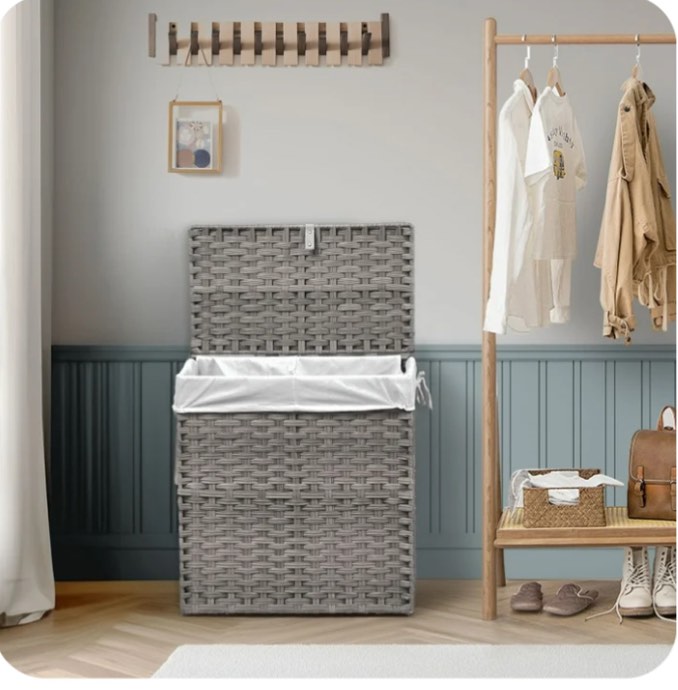 edx Laundry Basket with Lid, 110 L Hand-Woven Pp Rattan Laundry Basket with Compartments & Handles, Foldable, Removable Liner, Gray