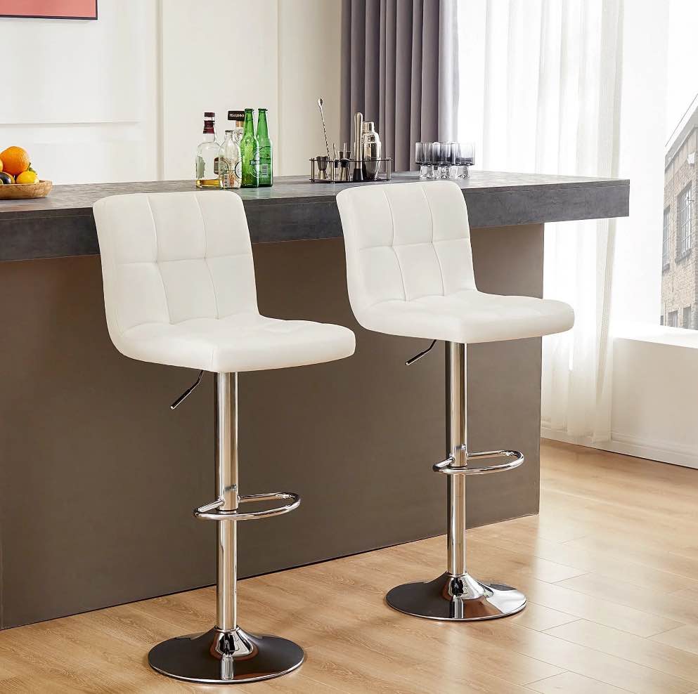CONCETTA Set of 2 White Swivel Bar Stools, Adjustable PU Leather with Back & Footrest