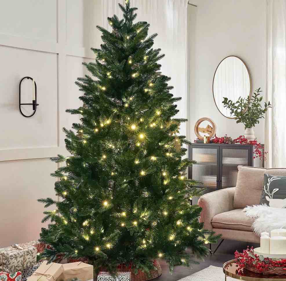 Qunler Christmas Tree, 6ft Hinged Pre-Lit Christmas Tree with 980 PE & PVC Tips, 300 Warm White & Multicolor 10 Modes LED Lights, Artificial Pine Tree for Xmas Holiday Decor