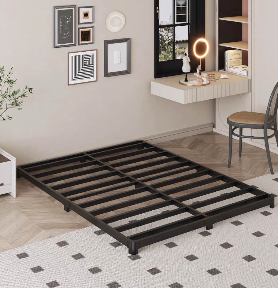 Lutown-Teen 3 inch Low Queen Bed Frame Rounded Corner No Box Spring Needed, Heavy Duty Metal Queen Size Platform Bed Frame, Easy Assembly, Noise Free, Black
