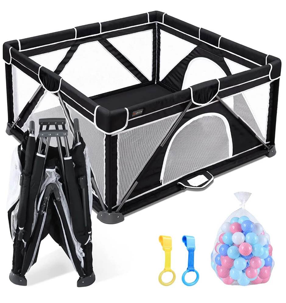ANGELBLISS Baby Playpen, Foldable Playpen for Babies and Toddlers, Indoor & Outdoor Baby Activity Center with Visible Breathable Mesh, Portable Play Yard with 2 Handlers+50 Balls-50”×50”(Black)