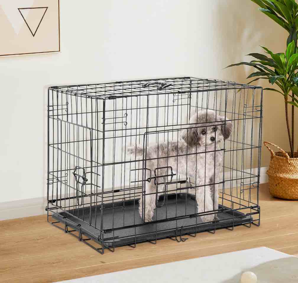 CONCETTA 30 inch Double-Door Folding Dog Crate, Portable Small Cage with Divider, Leak-Proof Tray