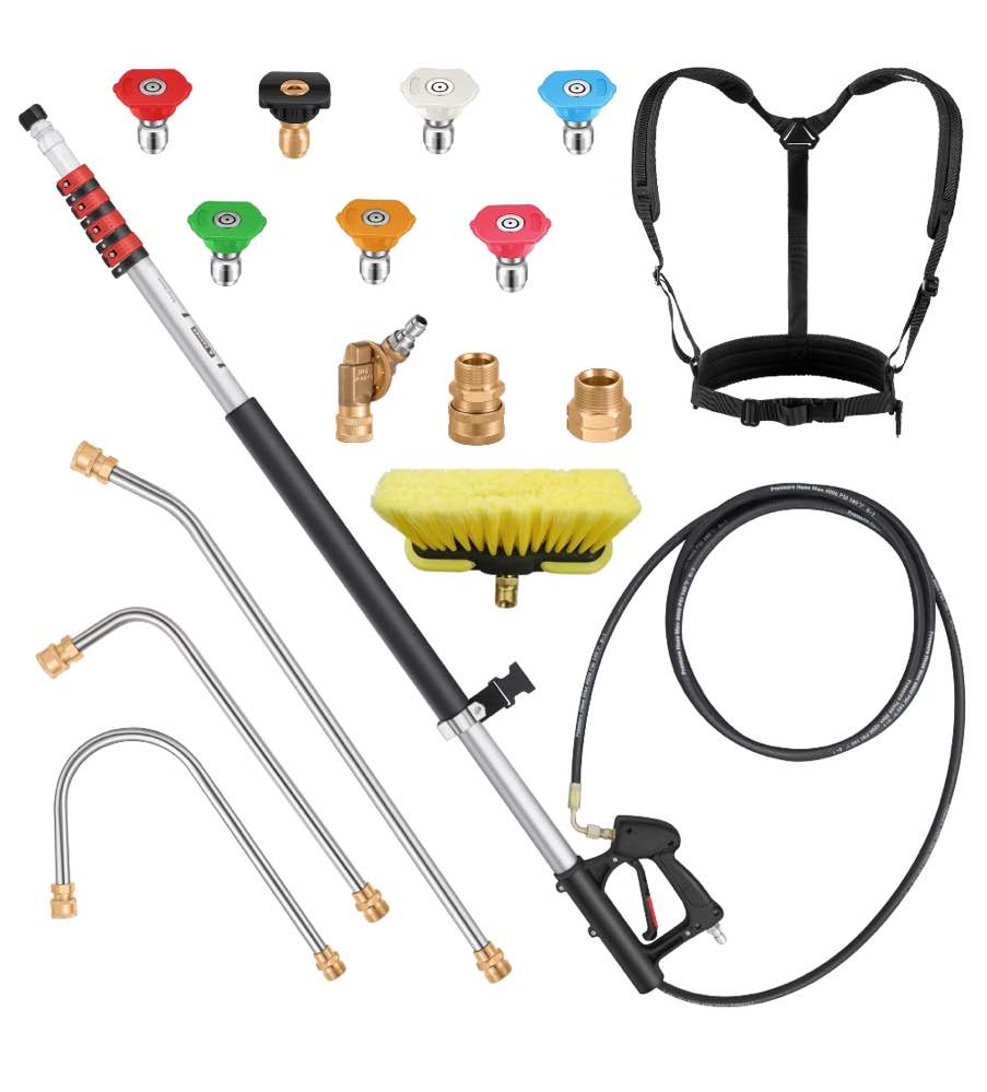 24 FT Gutter Cleaning Tools from The Ground - Telescoping Pressure Washer Wand - Gutter Cleaner Attachment with Power Washer Extension Wands, Brush, 7 Spray Nozzle Tips, 2 Hose Adapters, Support Belt