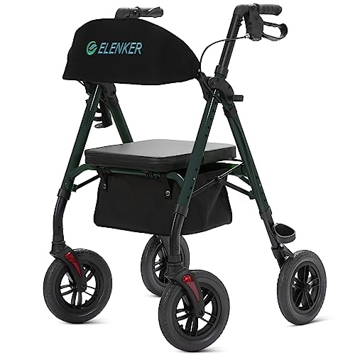 ELENKER All-Terrain Rollator Walker with 10” Non-Pneumatic Wheels, Sponge Padded Seat and Backrest, Fully Adjustment Frame for Seniors, Green