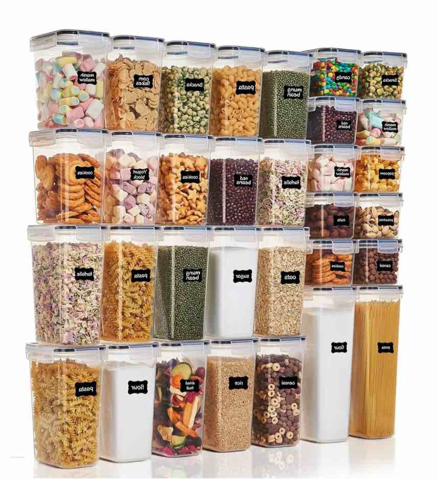 32 Pack Airtight Food Storage Containers Set, BPA Free Plastic Kitchen and Pantry Organization Canisters with Lids for Cereal, Dry Food, Flour and Sugar, Includes 32 Labels