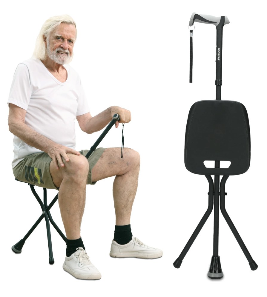 REHAND Walking Canes with Seat 350 LB Capacity,Lightweight Foldable Adjustable Aluminum Walking Stick Chair for Men & Women Seniors,Black