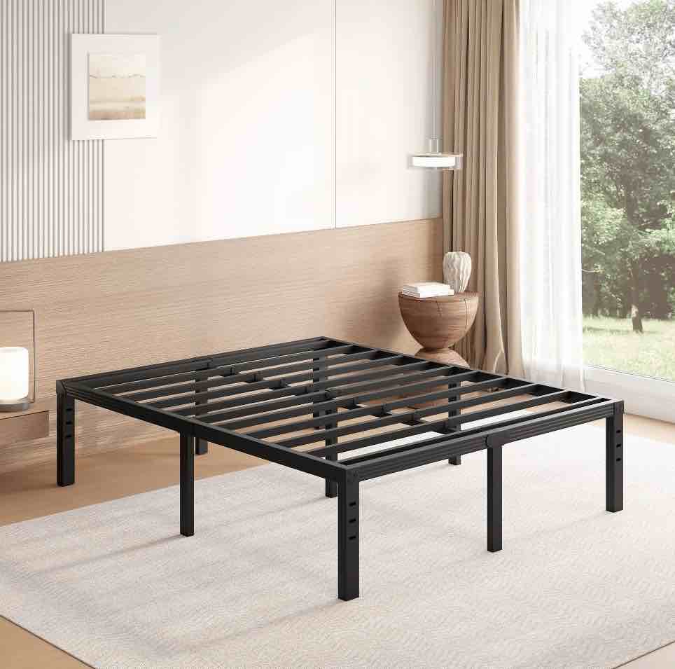 FSCHOS 18 inch Queen Size Metal Bed Frame, Heavy Duty Metal Platform with Ample Storage Space, Sturdy Construction, No Box Spring Needed