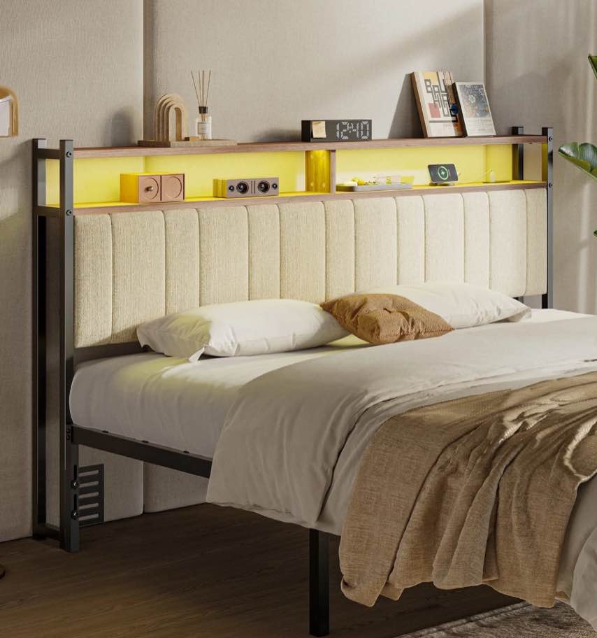 Pinmoco Headboard for King Size Bed with Storage, Linen Upholstered Head Board with LED Light and Charging Station, Beige, Headboard Only(Bed Frame Not Included)