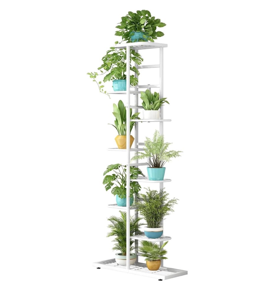 SUSUZI Plant Stand Shelf, 8 Tier 9 Potted Metal Tall Flower Holder Rack for Indoor Outdoor, White