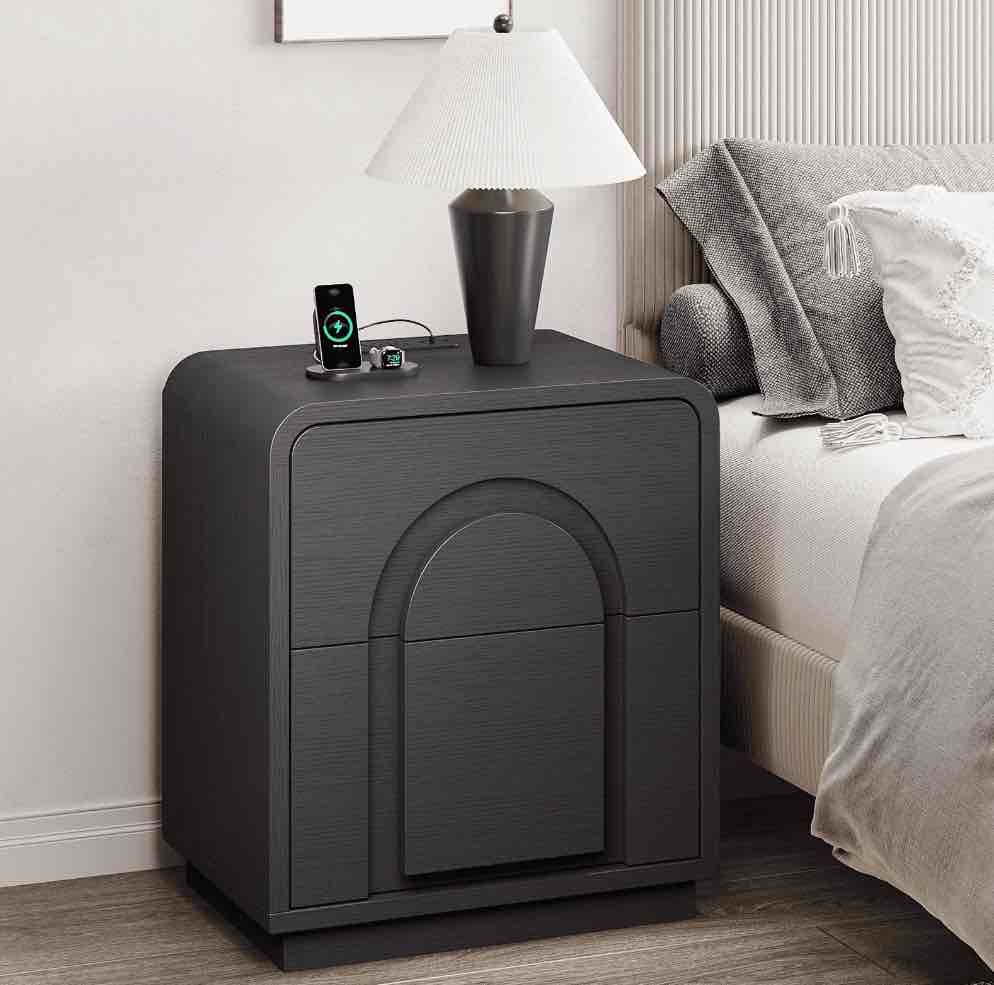 Bestier Black Nightstand with 2 Drawers, Boho End Table Beside Table with Charging Station for Bedroom Living Room, Home Office