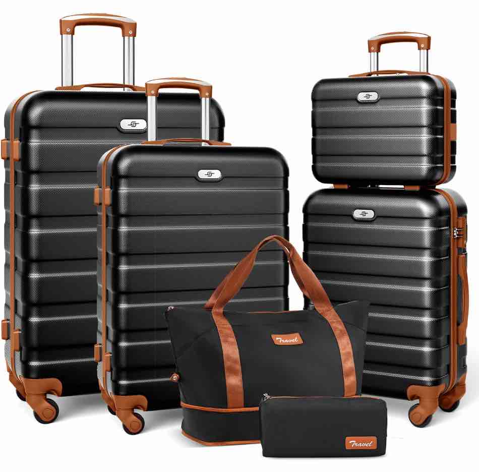 6 Piece Luggage Sets, with Travel Duffle Bags, Lightweight ABS Hard Suitcase, Black Tan