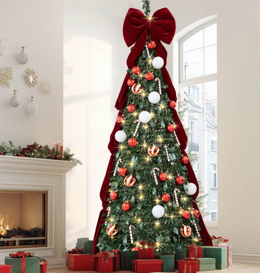 Firstness Christmas Tree 6FT, Pop up Pre Decorated Pre Lit Artificial Xmas Tree with 150 LED Lights, Large Bow & Ornaments, Lighted Christmas Tree for Holiday Party Decorations, Easy Installation