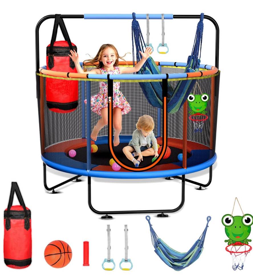 Skyhot 55" Indoor Outdoor Mini Round Trampoline for Kids with Enclosure Net and Basketball Hoop