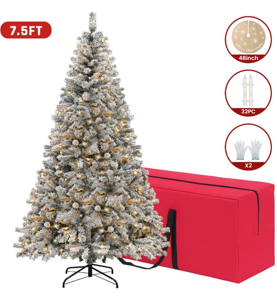 VAVSEA 7.5ft Pre Lit Snow Flocked Christmas Tree with Storage Bag, Fence, Tree Skirt, Hinged Artificial Xmas Tree with 350 Warm White Lights, 1200 Tips for Holiday Home Office Decoration