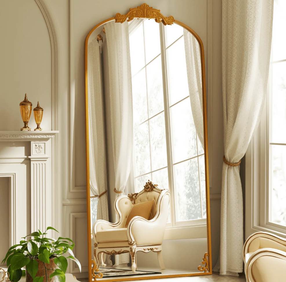 BEAUTYPEAK 74"x32" Full Length Mirror with Baroque Flower Head Design Wall-Mounted Mirror,Gold