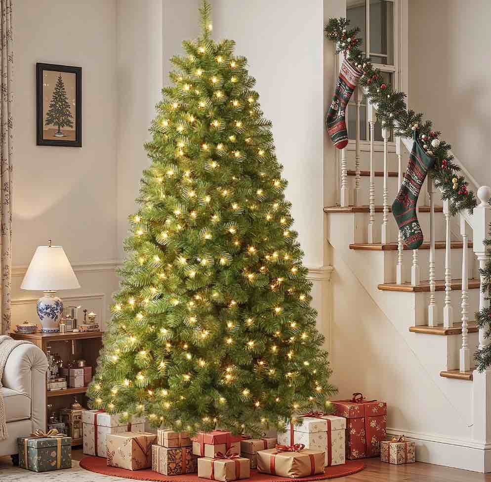 Alupssuc 9ft Pre-Lit Premium Artificial Hinged Christmas Tree w/ Warm White Lights, Perfect Choice for Xmas Decoration