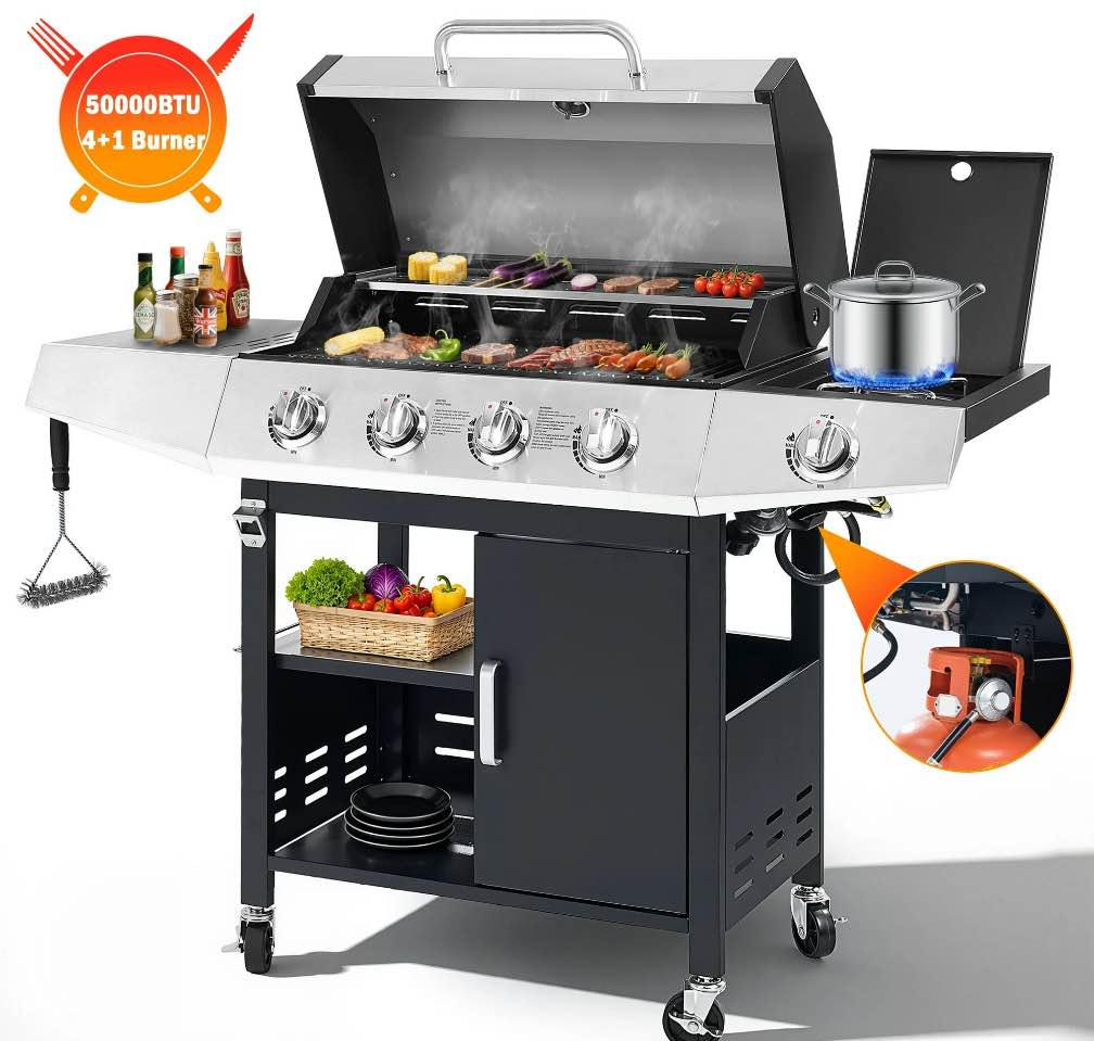 Segmart 4 Burner BBQ Propane Gas Grill with Side Burner  Stainless Steel 46 790 BTU Patio Garden Barbecue Grill with Thermometer  Wheels  and Bottle Opener  Perfect for Camping  Outdoor Cooking