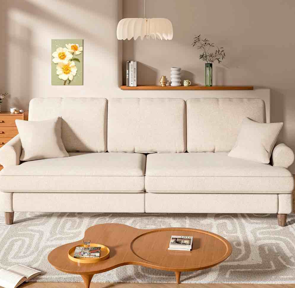 87" Sofa Couch, Comfy Extra Deep Seat 3 Seater Couch for Living Room with Soft Upholstered Round Arms,Beige