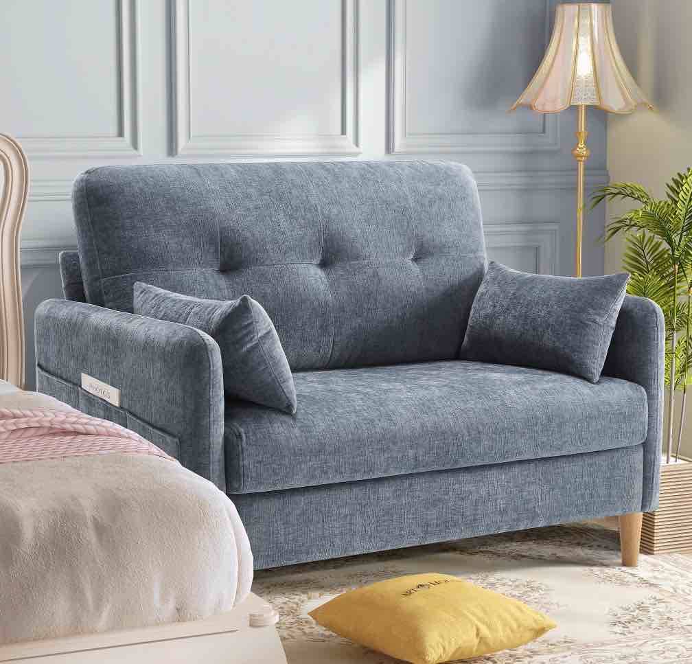 BedLuxury 47'' Wide LoveSeat, 2-seat Chenille sofa with 2 Pillows for Living Room and Small Spaces, Blue