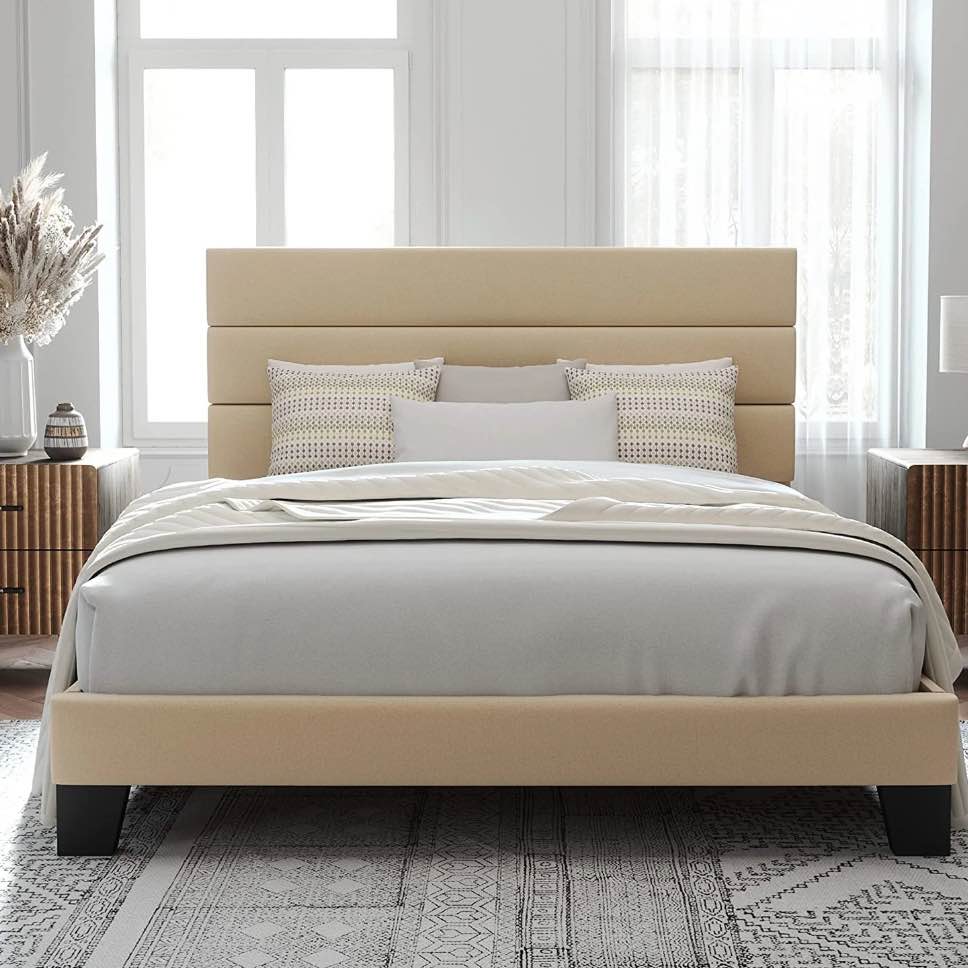 Allewie Queen Size Platform Bed Frame with Fabric Headboard/Fully Upholstered Mattress Foundation, No Box Spring Needed, Beige