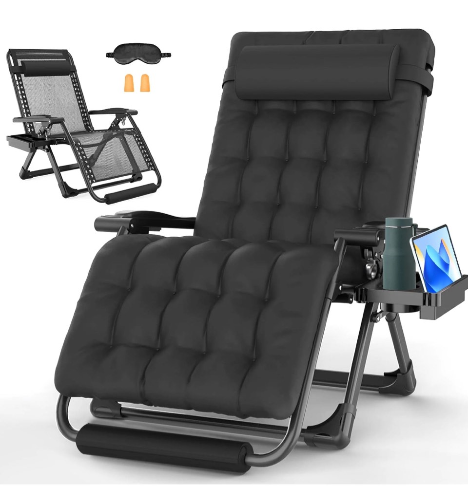 GVDV Oversized Zero Gravity Chair, 33In XXL Lounge Chair with Removable Thick Cushion, Lawn Patio Reclining Chair Upgraded Alloy Lock and Cup Holder, for Indoor Outdoor, Black