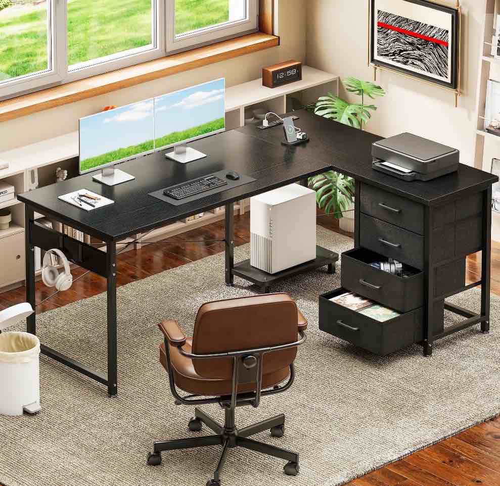 Casacomoda L Shaped Computer Desk with Charging Station, 53 inch PC Table Study Desk 4 Tier Drawers, Modern Simple Style Laptop Desk for Bedroom, Black