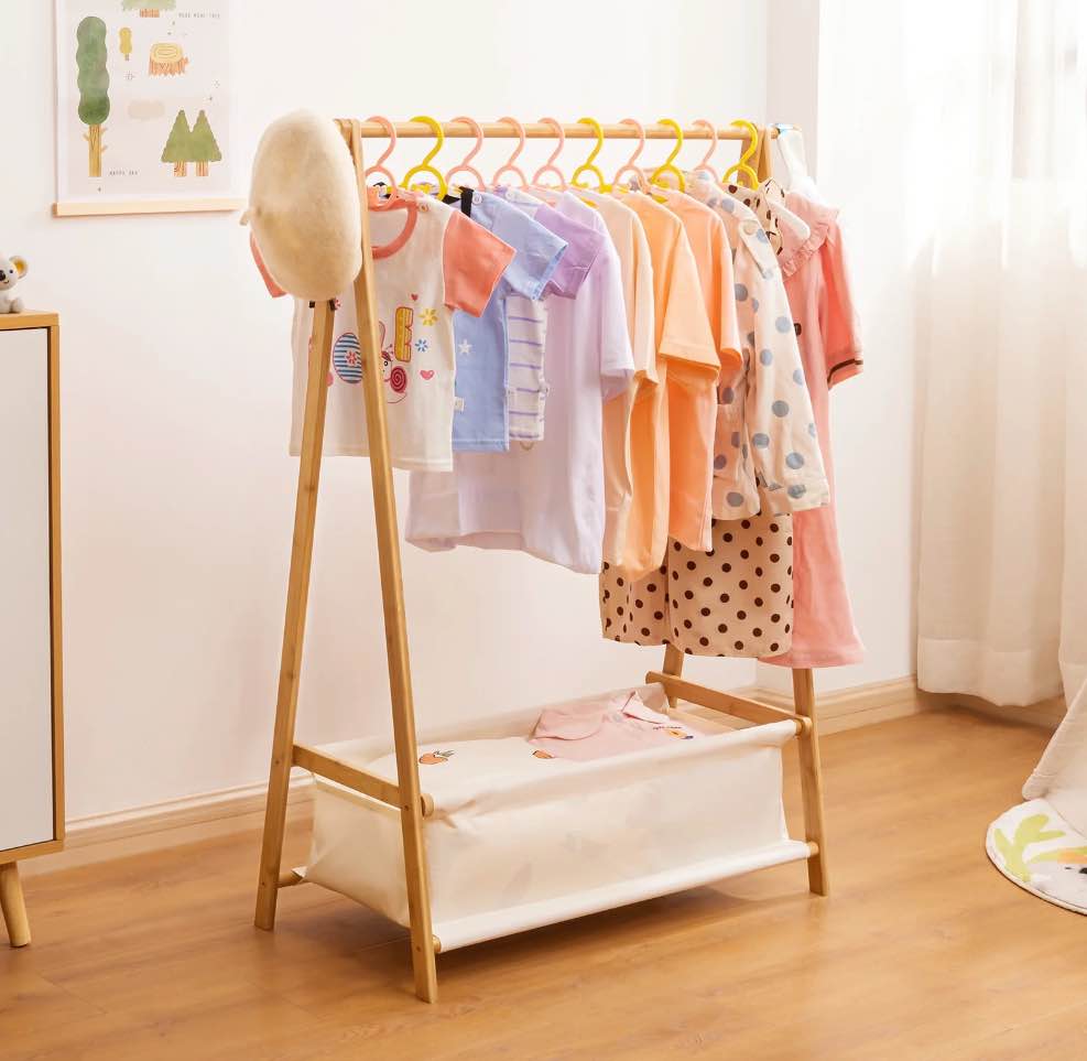 Vigorpro Kids Clothing Rack with Storage Box  Dress up Holder  Child Garment Stand with Hanging Rods  Small and Foldable  Bamboo (Natural)