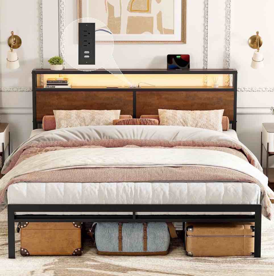 GUNAITO King Size Bed Frame with Wooden Headboard Metal Platform Bed Frame with LED Lights Charging Station Rustic Brown