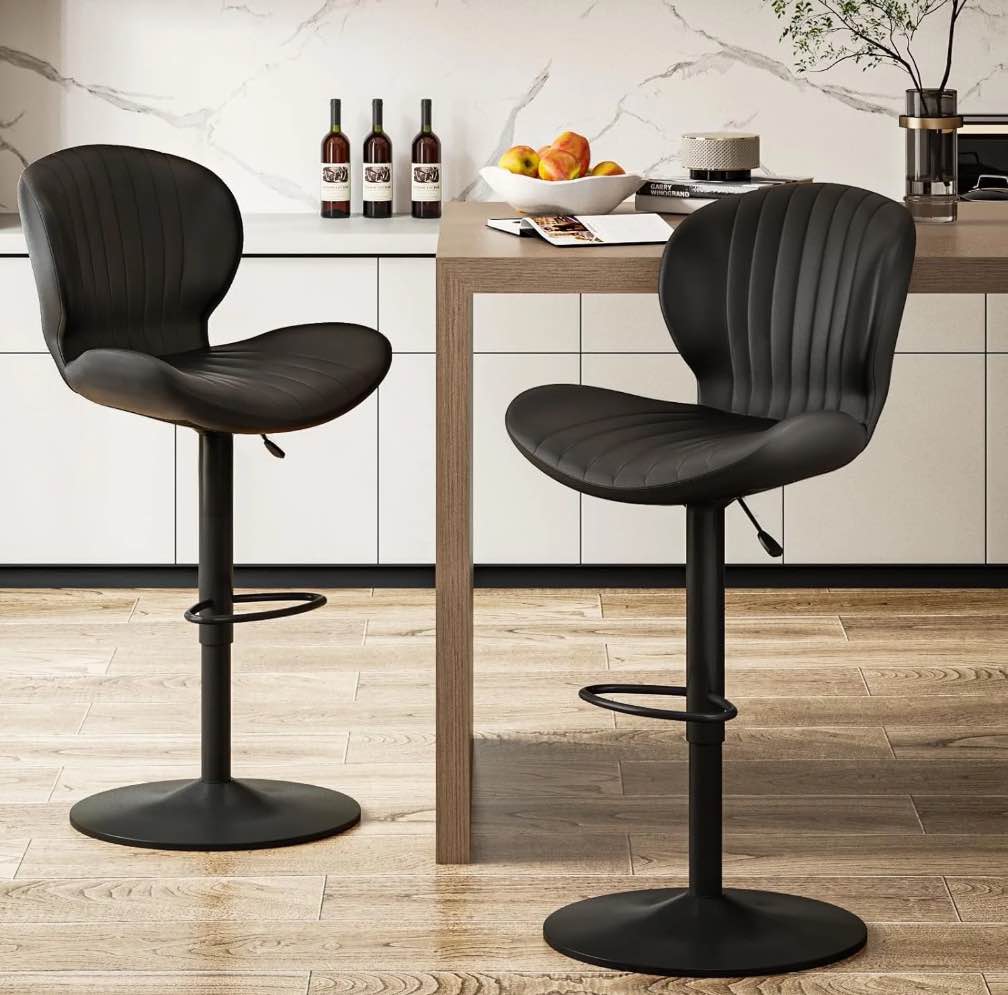 Waleaf Modern Adjustable Bar Stools Set of 2, Faux Leather Upholstered Swivel Counter Stools, Counter Height Bar Stools with Large Base