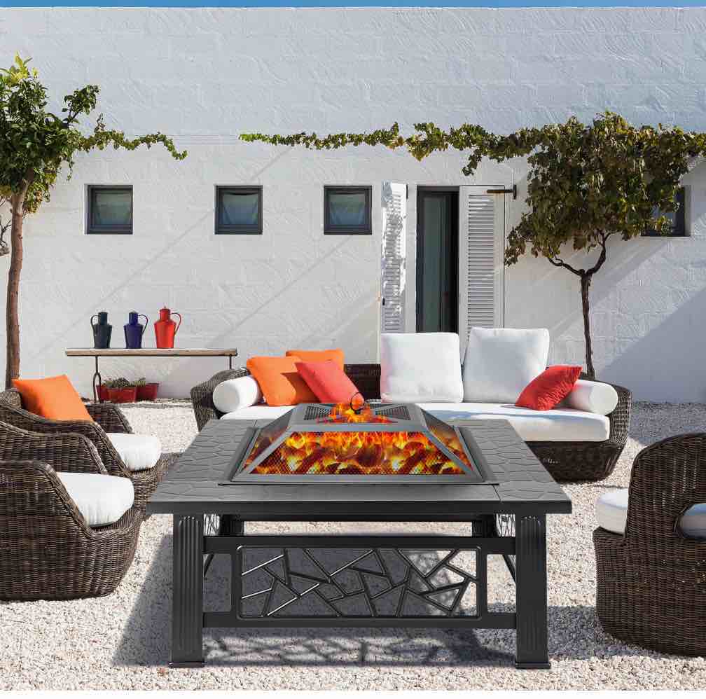 Fire Pits for Outside, 32" Wood Burning Fire Pit Tables with Screen Lid, Poker, BBQ Net, Ice Tray, Food Clip and Cover, Backyard Patio Garden Outdoor Fire Pit/Ice Pit/BBQ Fire Pit, Black