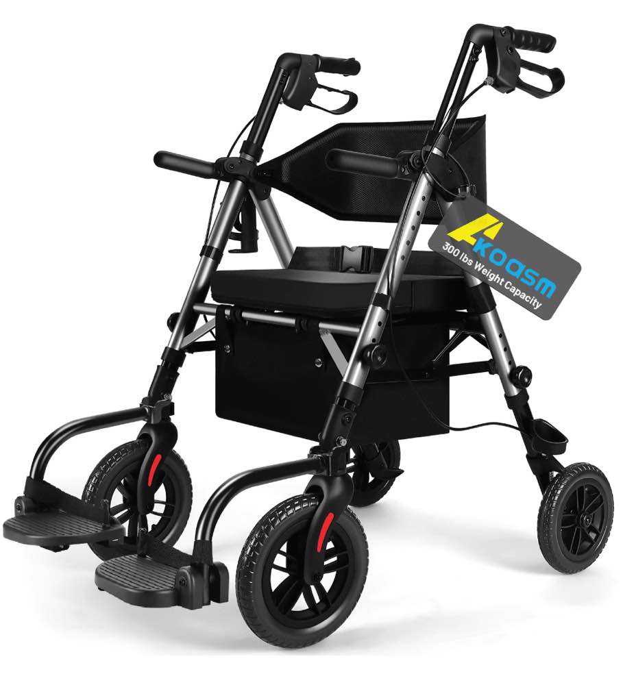 Foldable Rollator Walker for Seniors with Seat, Lightweight 2 In 1 Rolling Walkers Wheelchair Combo for Adult, Transport Chair with Brakes, Adjustable Seat and Handle, 300 Lb. Weight Capacity