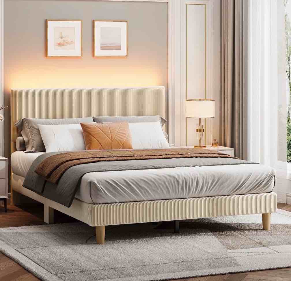 Bestier Corduroy Upholstered Full Bed Frame with Adjustable Headboard, Platform Bed Frame with LED Light, Solid Wood Slats, No Box Spring Needed, Beige