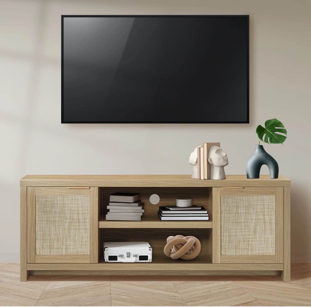 ARKANTOS Rattan TV Stand for Tvs up to 65 inch, Wood Media Console for Living Room, Natural Oak