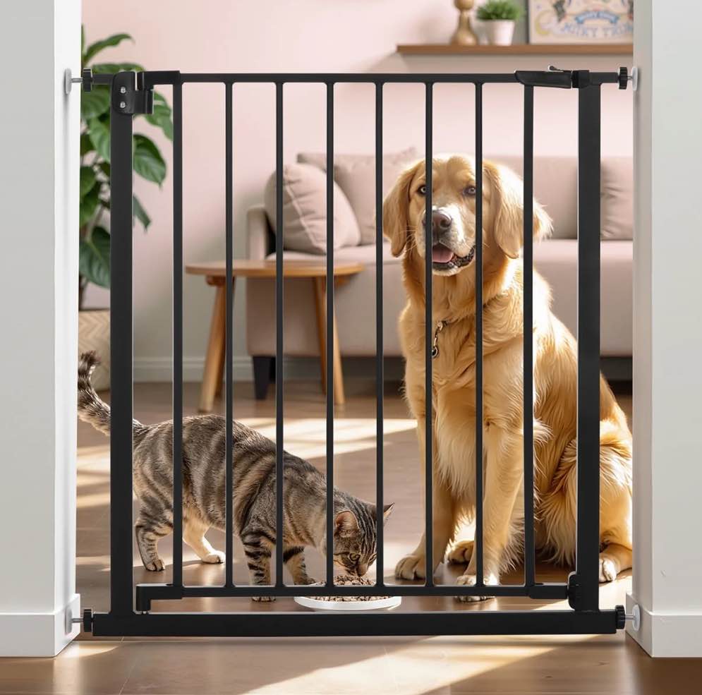Pet Gate, Caveen 29.5''-32.2''Dog Gates for Stairs & Doorways, Gate for Ages 6 to 36 Months, Black