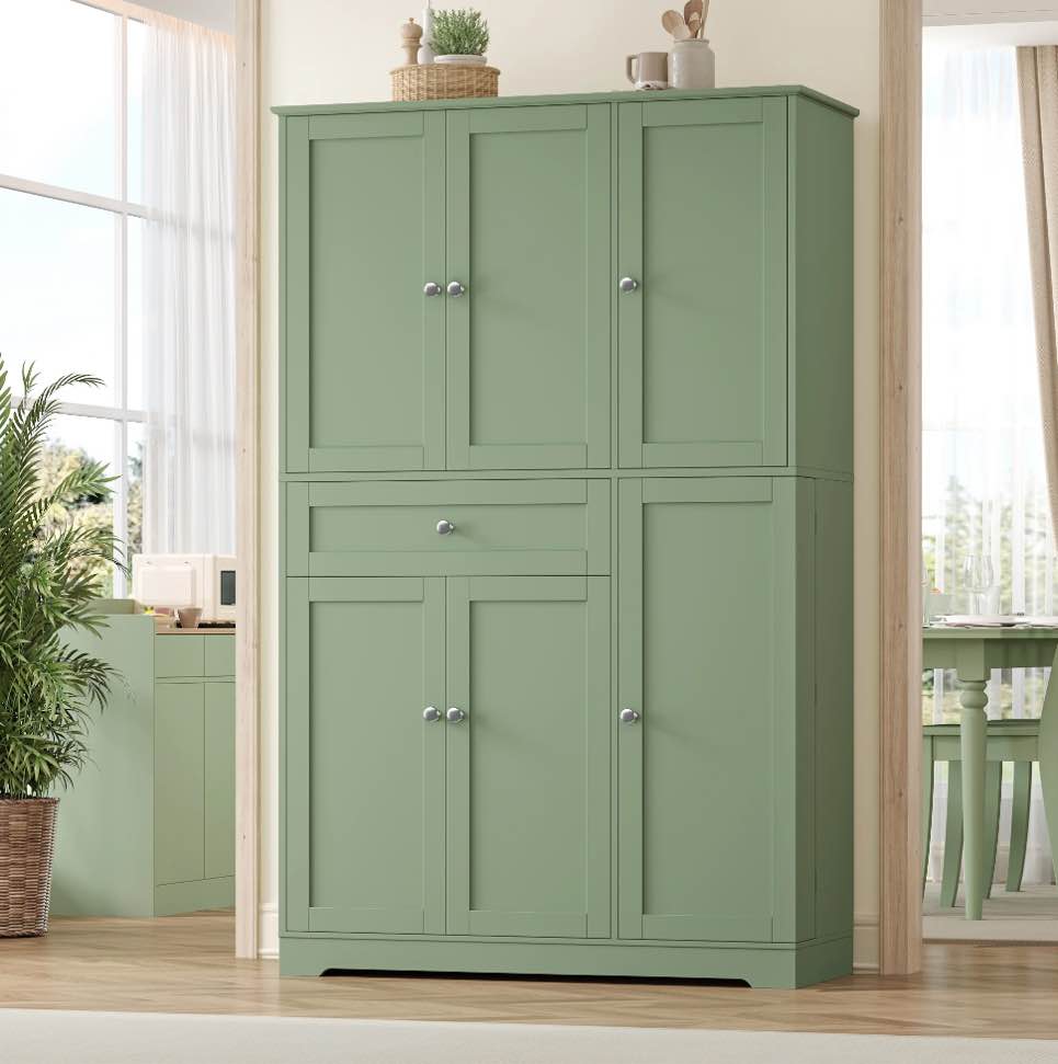Homfa Kitchen Pantry Storage Cabinet, 68" Food Pantry Cabinet with Drawer and Door Shelf, 6 Door Freestanding Cupboard Buffet for Dining Room, Green