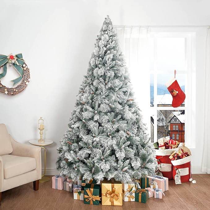 9ft Frosted Prelit Artificial Christmas Tree with Pine Cones, Foot Pedal, 1556 Branch Tips, 750 Warm Lights & Metal Stand, Wide Realistic Pine Snow Flocked Christmas Tree with Lights
