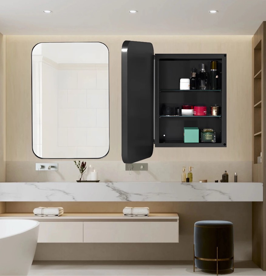 Dalattin Metal Bathroom Medicine Cabinet with Mirror, Recessed or Wall Mounted Storage Organizer, 16x24 inch, Black