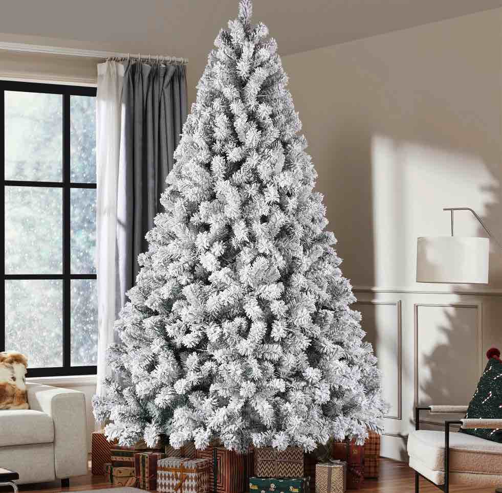 IZNEN 6ft Pre-Lit Snowflake Flocked Christmas Tree,8 Modes LED Lights,Artificial Xmas Tree with Storage Bag