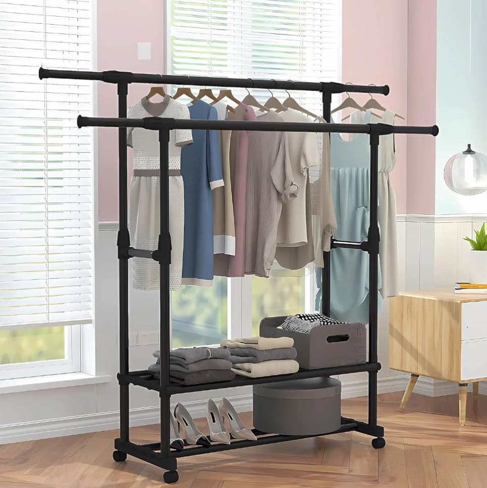 SUSUZI Portable Clothing Garment Rack, Adjustable Double Rails Clothes Rack with 4 Wheels Rolling Clothes Organizer, Black