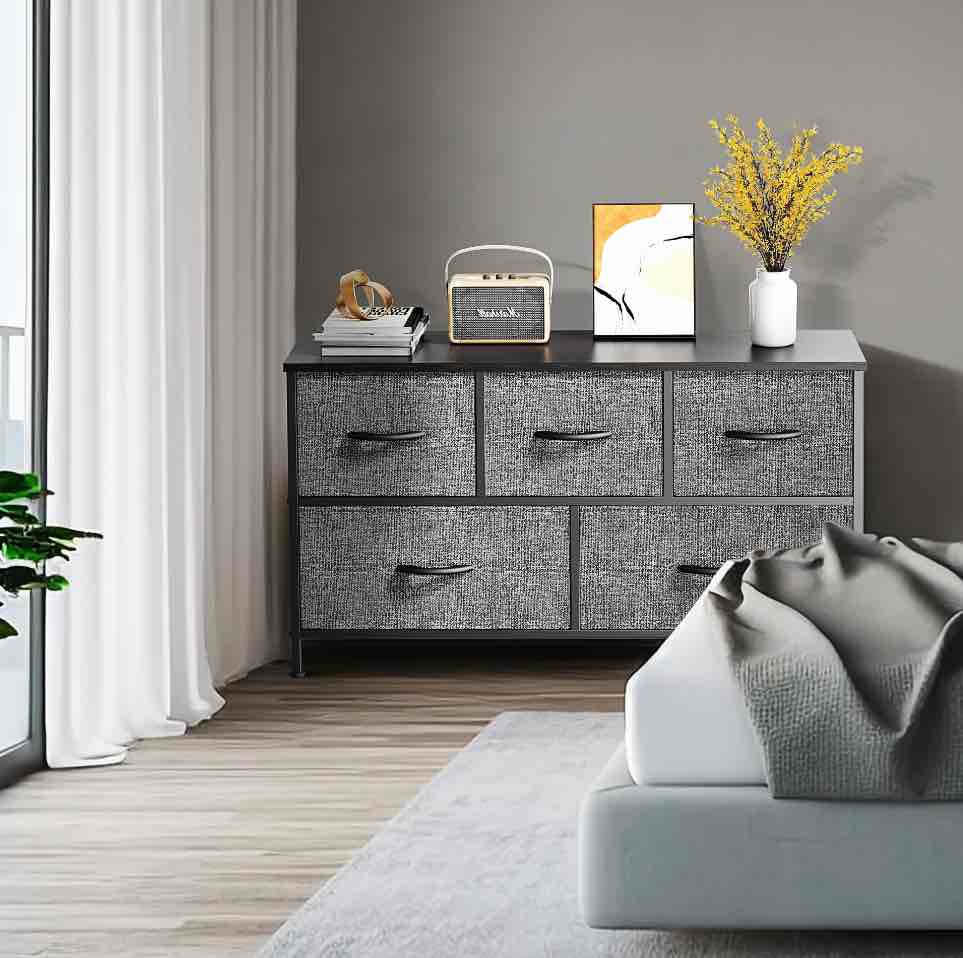 EDX 5 Drawer Dresser, Wide Chest of Drawers Nightstand Storage Tower Storage Fabric Dresser with Wood Top for Living Room, Bedroom, Hallway, Grey