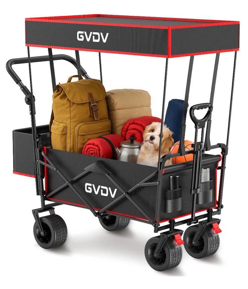 GVDV Collapsible Wagon Cart with Removable Canopy, Foldable Utility Cart with All-terrain Wheels, Versatile Folding Wagon for Kids, Grocery, Shopping and Camping, Black