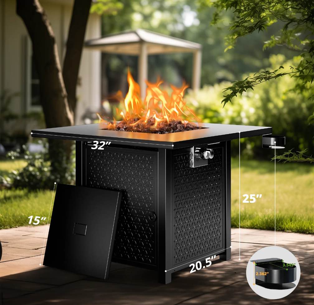 28 Inch Propane Fire Pits with Lid and Lava Rock 50000 BTU Steel Gas Fire Pit Table for Outdoor