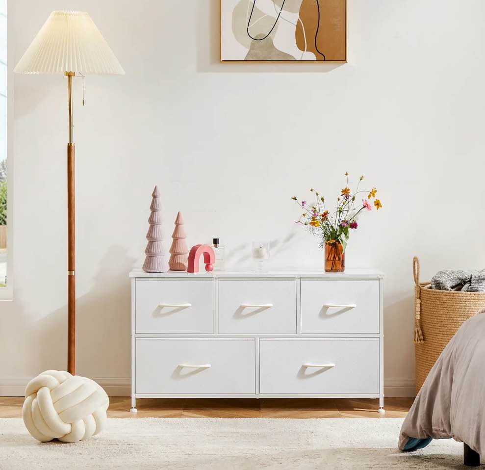 EDX 5 Drawer Dresser, Wide Chest of Drawers Nightstand Storage Tower Storage Fabric Dresser with Wood Top for Living Room, Bedroom, Hallway,White