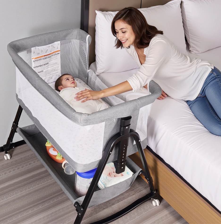 SACVON Baby Bassinet Bedside Sleeper, 6 adjustable height settings, compatible with adult beds, suitable for babies under 12 months, unisex (Gray)